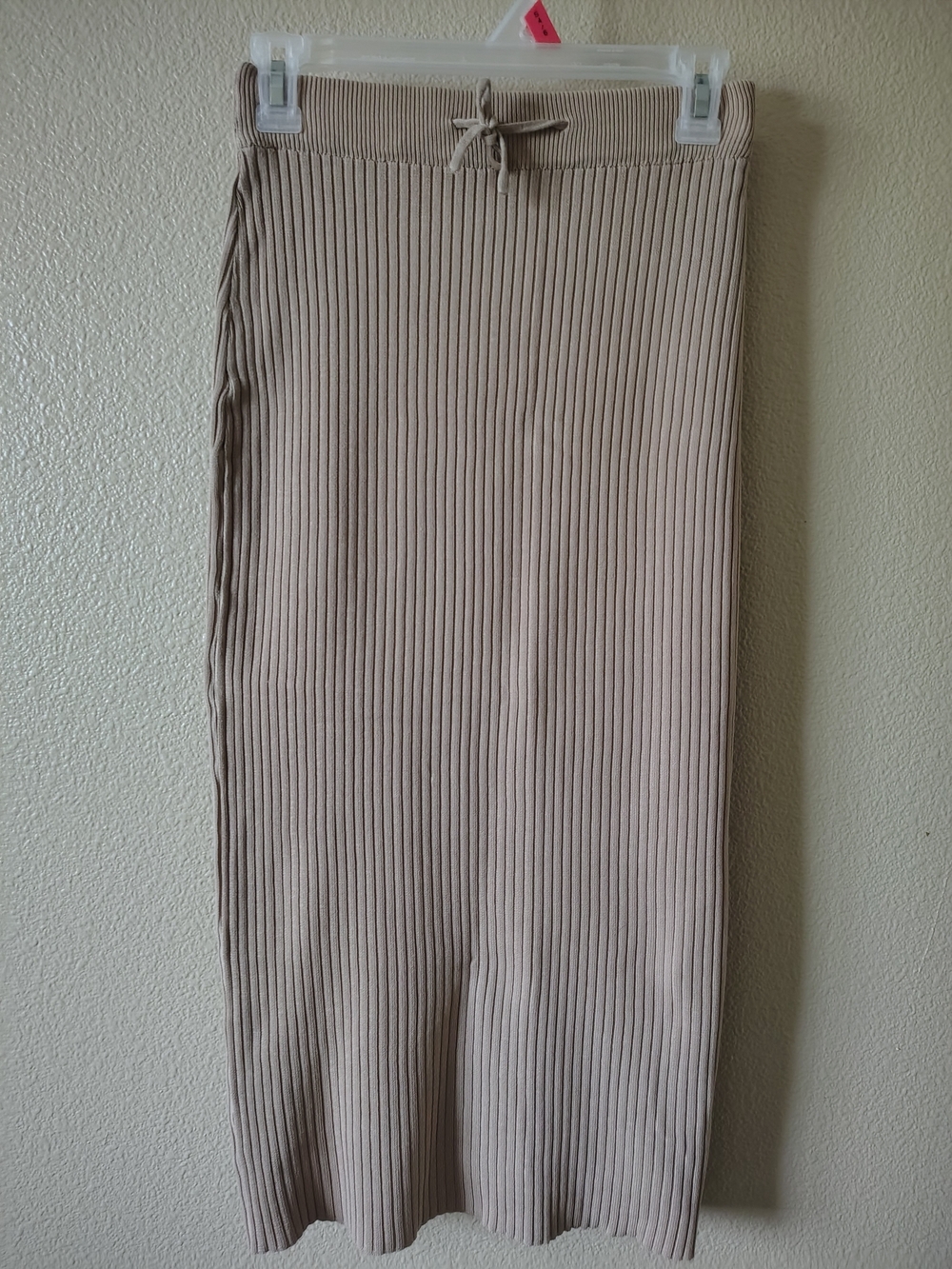 Ribbed Knit Drawstring Maxi Skirt - Beige